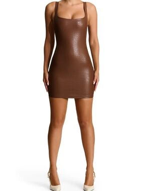 Naked Wardrobe Brown Faux Leather Croc Mini Dress